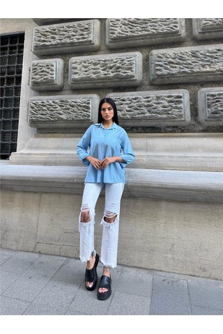 WeShaya Bebe Mavi %100 Pamuk Kırışık Oversize Gömlek Bebe Mavi