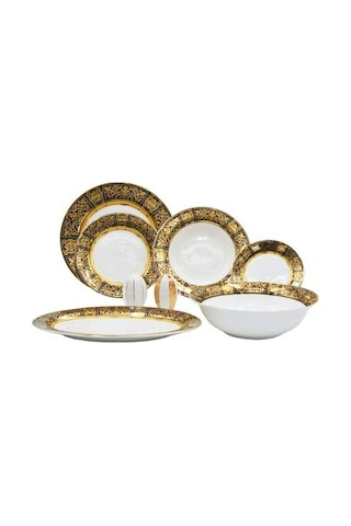 Lucky Art Verna Bone China Porselen Gold&siyah Desen Detaylı Klasik Yemek Takımı 67 Parça-103998 Süt Beyazı