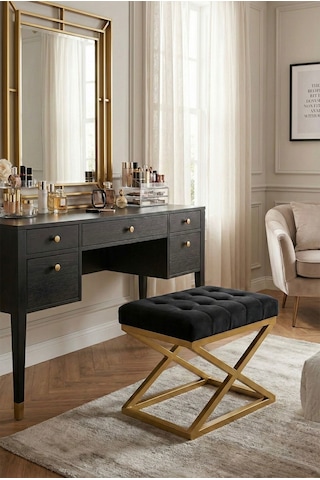 Nexus Babyface Kapitoneli Puf - Gold Metal X Ayaklı Modern Bench 50x40 Cm Siyah