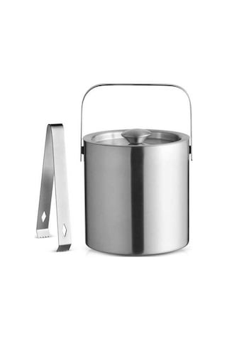 Pazly Paslanmaz Çelik Buz Kovası, Yuvarlak Çift Katmanlı, Maşa Kapaklı, Gümüş, Mutfak Soğutucu, Buz Küpü Konteyner Gümüş