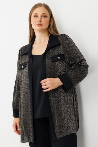 Moda İlgi Kadın Büyük Beden Cep Kapaklı Desenli İkili Takım 0303 Siyah Siyah