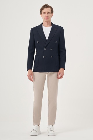 Morven Erkek Lacivert Poliviskon Kruvaze Desenli Slim Fit Sivri Yaka Ceket 25ms002022200 Lacivert