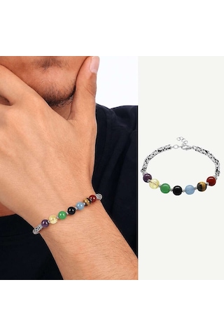 Tesbihane Metal Kral Zincirli Küre Kesim Çoklu Doğaltaş Kombinli Erkek Başarı Bilekliği Çok Renkli