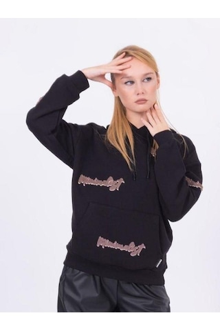 Kız Çocuk Kapüşonlu Punch İşlemeli Şardonlu Kapüşonlu Sweatshirt-13457-siyah Siyah