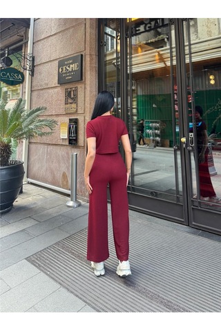 Bordo Modal Polyester Keten Bisiklet Yaka Takım Bordo