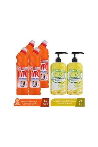 Hypo Gider Açıcı Çamaşır Suyu Çam Tazeliği 750 Gr X 4 + Miss Bulaşık Deterjanı Limon 1 L X2 6'lı Set