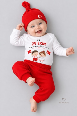 Babyden's İlk 29 Ekim Cumhuriyet Bayramım Baskılı 3'lü Bebek Takımı 100 Pamuk Uzun Kollu Çıtçıtlı Body Pantolon Bere Seti Beyaz - Kırmızı