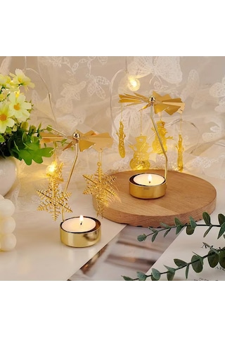 Altın Renkli Dönebilen Metal Tealight Mumluk Kar Tanesi Ve Noel Figürlü Dekoratif Mumluk Gold