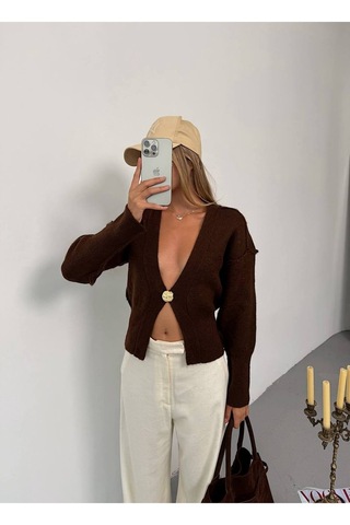 Kechi Woman Gold Aksesuarlı Tek Düğme Triko Hırka Kahverengi