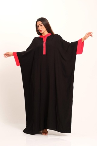 Kadın Siyah Sırtı Otantik Nakışlı Yarasa Kol Oversize Uzun Elbise - Sıyah Siyah