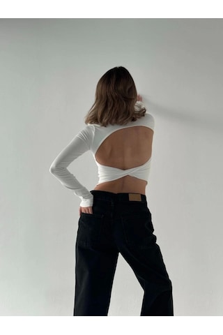 Nnstartshopping Sırt Dekoltelı Uzun Kollu Crop - Beyaz BEYAZ Beyaz