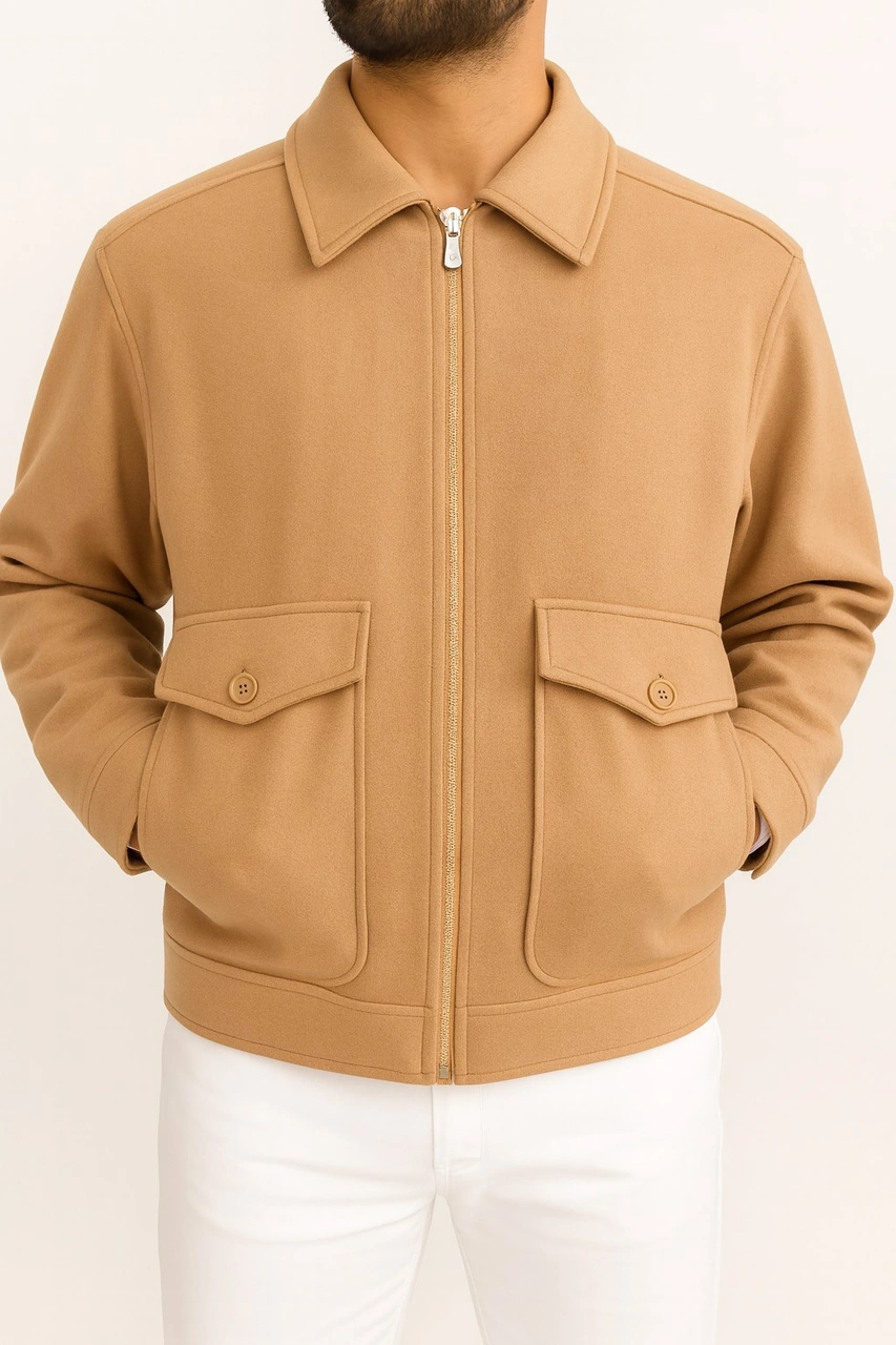 Erkek Oversize Kaşe Mont Siyah Kalın Kumaş Şık Kışlık Mont Açık Bej