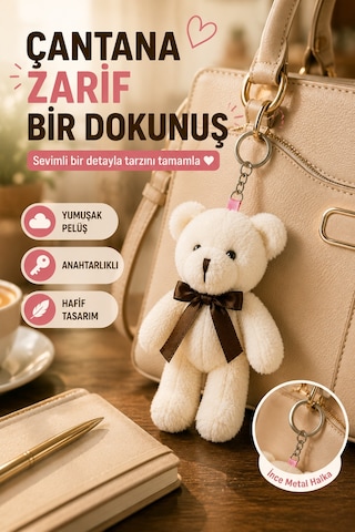 1 Adet Beyaz Peluş Ayıcık Anahtarlık 15x8 Cm Çanta Sırt Çantası Anahtar Aksesuar Sevimli Fiyonk