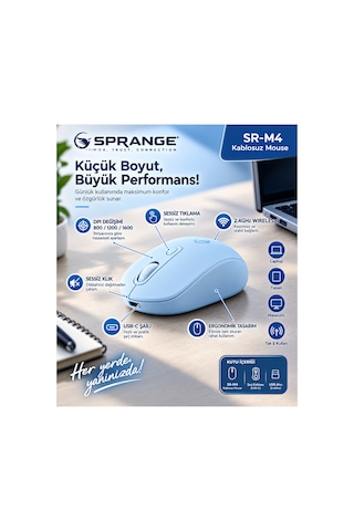 Sprange Sessiz Tık Şarj Edilebilir Kablosuz Mouse - Bluetooth 5.4 & 2.4ghz Çift Modlu Mouse Sr-m4 Mavi