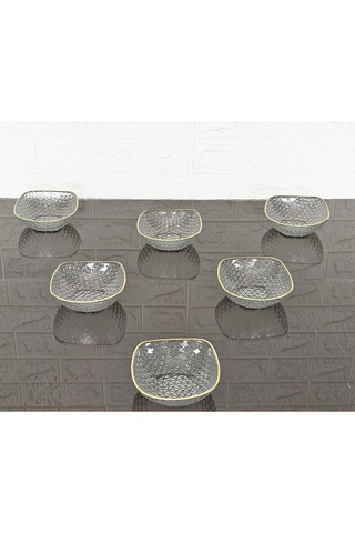 6 Kişilik Kare Kesme Dekorlu Çerezlik Gold Detaylı Cam Kase 12 Cm Naturel