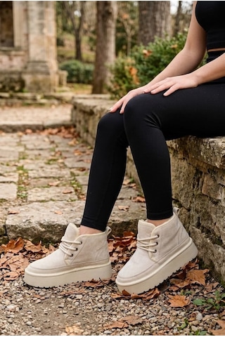 Shoetek Sirius Kadın Bot Bağcıklı İçi Kürklü Bej Süet
