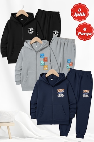 Fyk Kids 3 İplik Kalın Kışlık Baskı Detaylı Fermuarlı Kapüşonlu 6 Parça Erkek Çocuk Eşofman Takımı Siyah-gri-lacivert