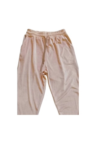Parlak Kadife Cepli Pantolon Eşofman Pijama Altı Unisex Lastikli Paça Bej Diğer