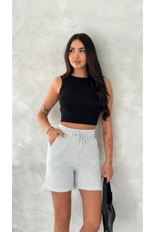 Yandan Cepli Beli Bağcıklı Su Yolu Kadın Çizgili Şort Gri
