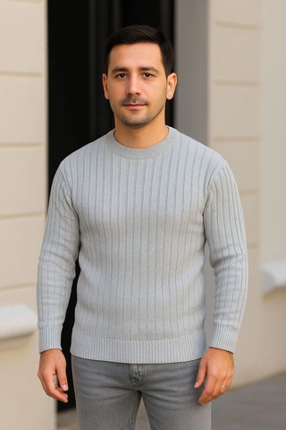 Efnaz Style Erkek Bisiklet Yuvarlak Yaka Triko Kazak Pamuklu Kalın Fitilli Dokuma, Regular Fit Uzun Kollu Kışlık Model - Gri
