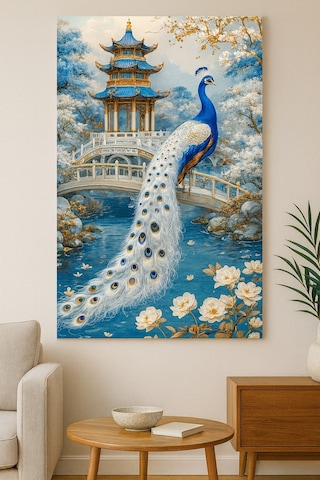 Mavi Beyaz Feng Shui Tavus Kuşu Cam Tablo Bereket Enerjili Duvar Dekoru