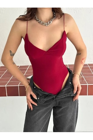 Efnaz Style Derin Dekolte Askılı Body Sırt Dekolteli Şık Kolsuz Yazlık Bodysuit - Kırmızı