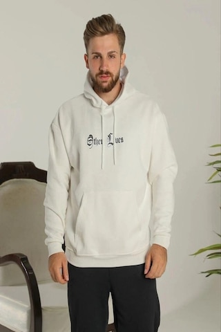 Defymoda Oversize Üç İplik Şardonlu Kapüşonlu Sweatshirt Beyaz Other Lives Ön Ve Arka Baskılı, Kanguru Ce Beyaz