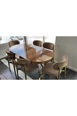 Lak Panel Ceviz Gold Pvc Li Sabit Yemek Masası, Salon Masası Altın - Ceviz