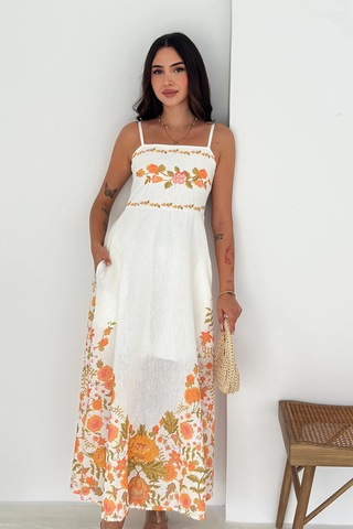 Asprin Fashion Keten Kumaş Çicek Desenli Elbise Beyaz