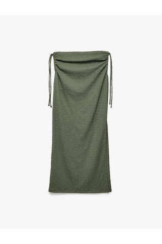 Koton Bürümcük Kumaş Slim Fit Büzgü Detaylı Yırtmaçlı Uzun Etek Haki 5sak10272ek Haki