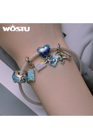 Wostu 925 Ayar Gümüş Seyahat Mavi Toprak Uçak Charms Cruise Gemisi Boncuk Sıcak Hava Balonu Kolye Fit Dıy Bilezik Kolye Gümüş