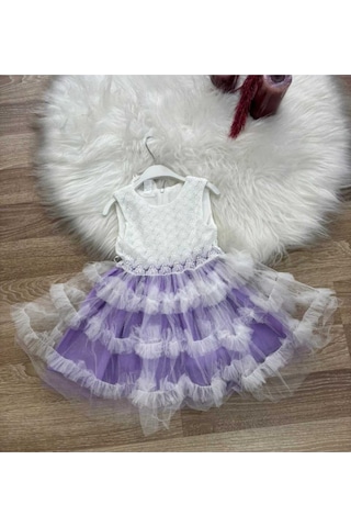 Kız Çocuk Güpür Tül Detaylı Pembe Mor Kat Kat Prenses Elbise Mor
