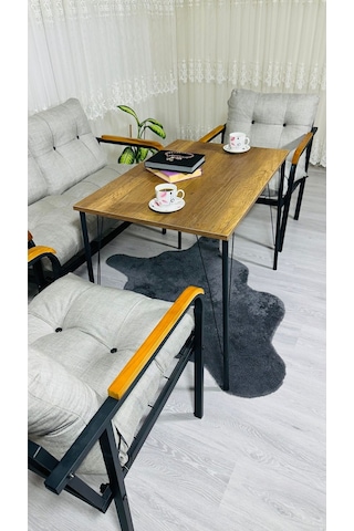 Madame Home Kadife Balkon, Bahçe,teras,cafe - Salon - Metal Kanepe Koltuk Takımı - 2+1+1 + Masa Açık Gri