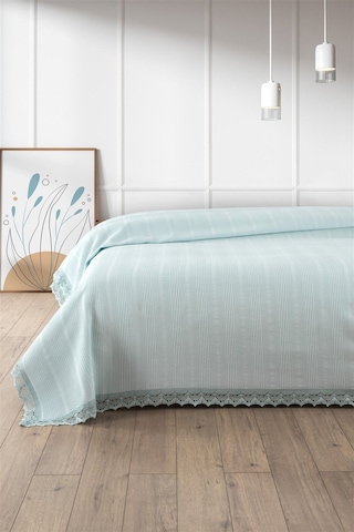 %100 Pamuk Çift Kişilik Kopanaki Dantelli Petek Pike 210x230 Cm-mint Yeşili Mıntyesılı Mint Yeşili