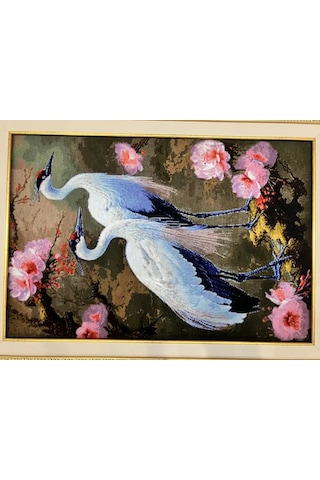 İran El Dokuma Tablo Halı 49x72 Cm - Turna Kuşları Çok Renkli