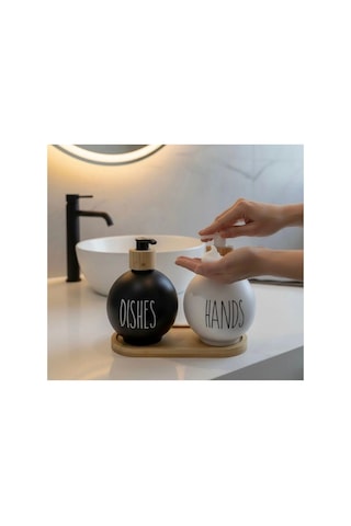 Lüks 2'li Cam Sabunluk Seti - 450 Ml Şişe Ve Bambu Standlı 3 Parça Mutfak & Banyo Seti Siyah Ve Beyaz