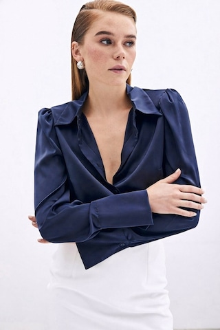 Sateen Vatkalı Saten Gömlek - Lacivert-136729 Lacivert