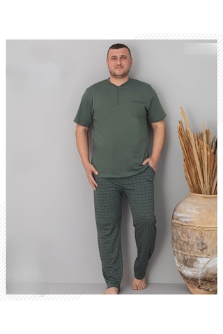Pijamoni Erkek Battal Düğme Yaka Penye Kısa Kol Pijama Takımı 6730/5 - 1 Adet Yeşil