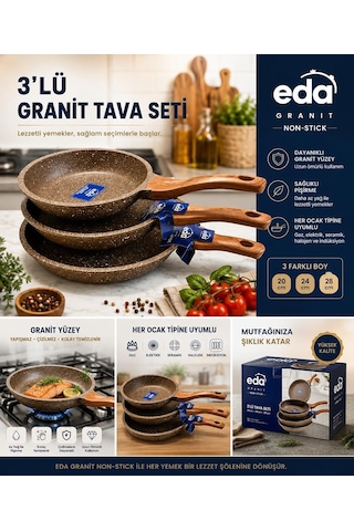 Eda Focus Kahverengi Granit Döküm 3'lü Tava Seti 20-24-28 Cm Zk-922