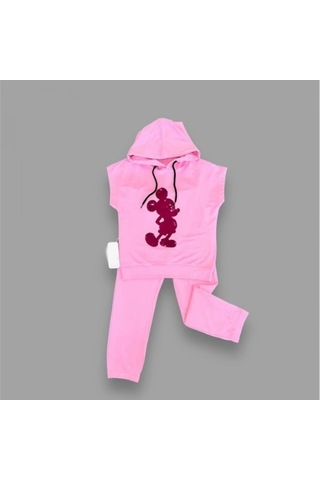Peruflic 3-4-5 Yaş Kapşonlu Payetli Mickey Desenli Kısa Kol 2li Kız Erkek Çocuk Takımı Pembe