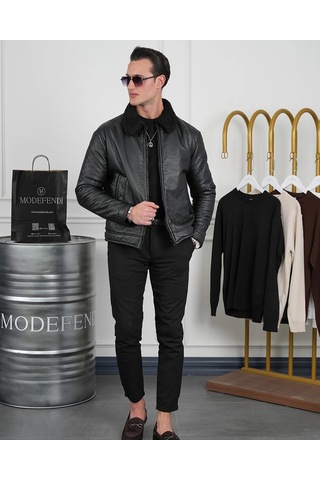 Modefendi Orta Slim Fit İçi Elyaf Yaka Kürk Detaylı İthal Deri Yan Cep Deri Mont Siyah