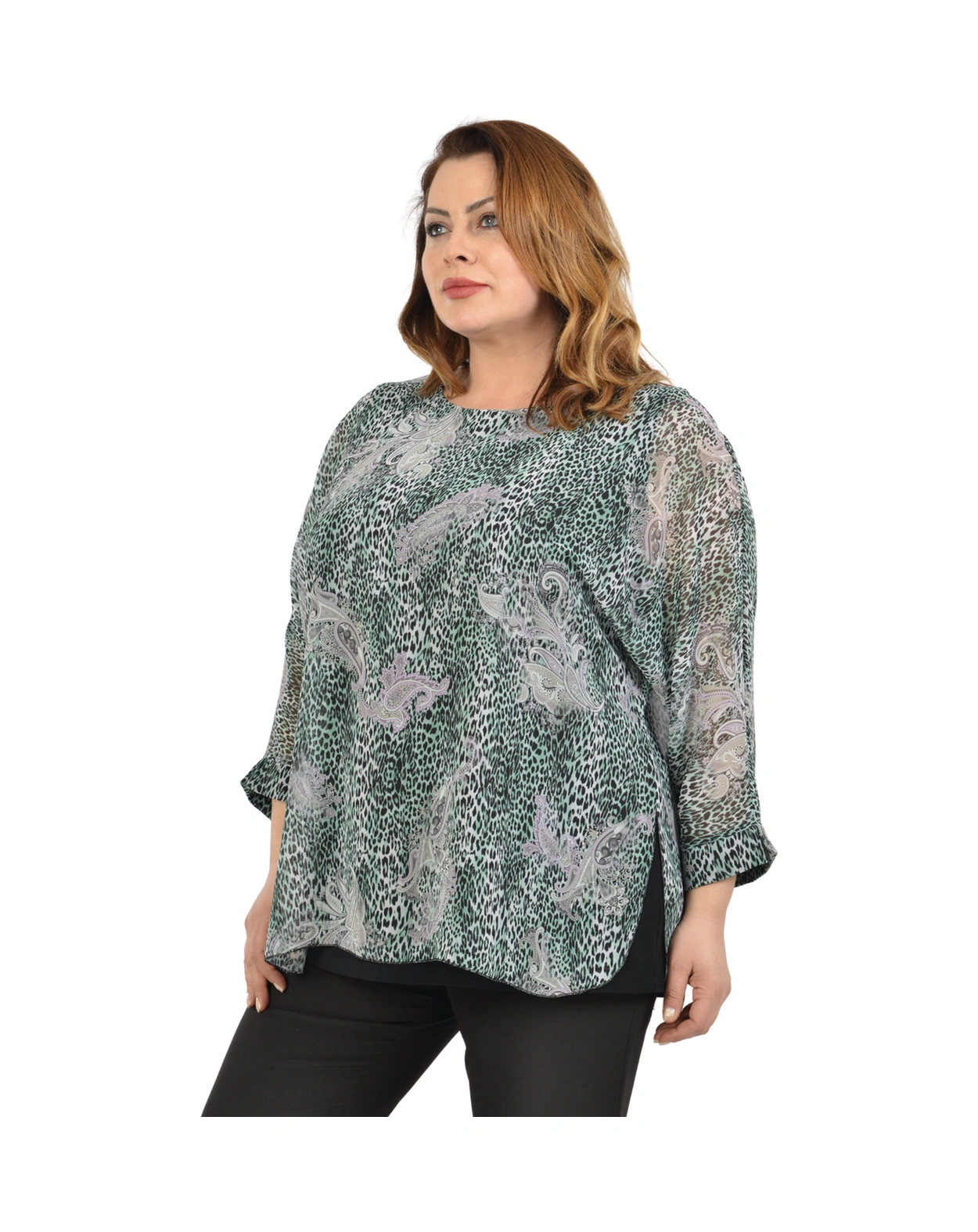 Lilas Xxl Büyük Beden Yeşil Renkli Desenli Şifon Bluz Yeşil