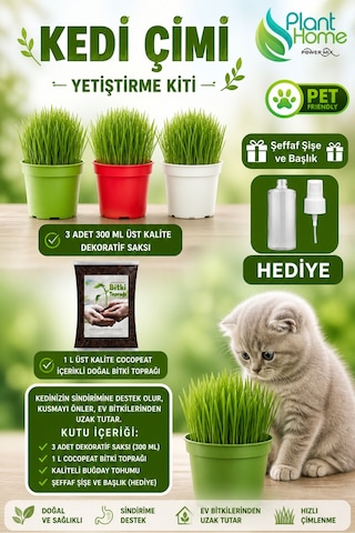 Kedi Çimi Yetiştirme Seti Saksı, Cocopeat Toprak Ve Buğday Tohumu %100 Doğal 3 Lü Kit