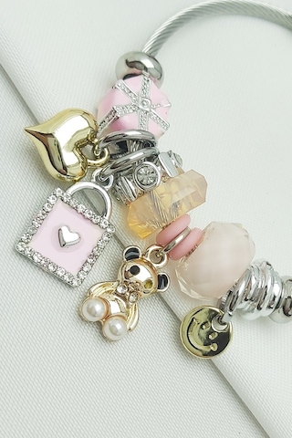 Caisya Pembe Kalpli Gold Ayıcık Charmlı Modeli Çelik Bileklik Silver