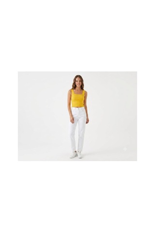 Onno Style Women Kolsuz Askılı Kare Yaka Fitilli Triko Kadın Bluz Hardal