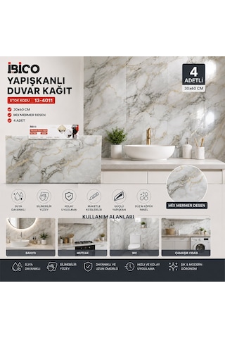 İbico İ13-085 Yapışkanlı Duvar Kağıt 30x60cm 4 Adet Panel Mix Mermer Desen Düz - 60'li Paket Diğer