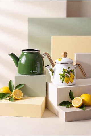 Bambum Unique - Bambu Kulplu Emaye Çaydanlık Takımı Limon