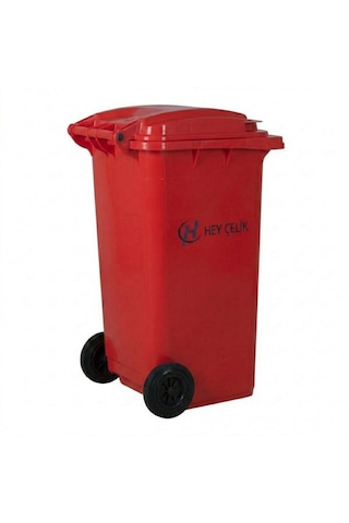 120 Litre Kırmızı Plastik Çöp Konteyneri Tekerlekli Kapaklı Atık Konteyneri Hey Çelik Pk-120
