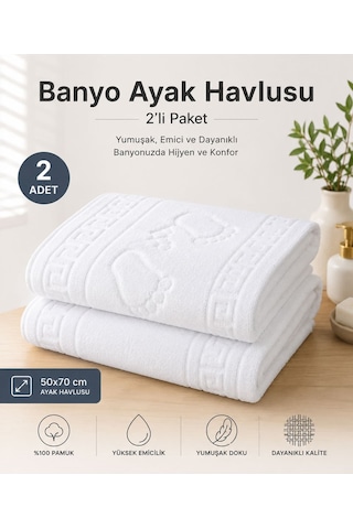 2 Li Ayak İzli Banyo Paspas 100 Pamuklu Ayak Havlusu 50x70 Cm Beyaz