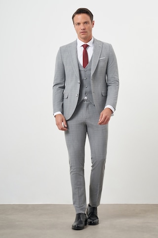 Morven Erkek Gri Poliviskon Trend Yelekli Ekoseli Slim Fit Sivri Yaka Takım Elbise Gri